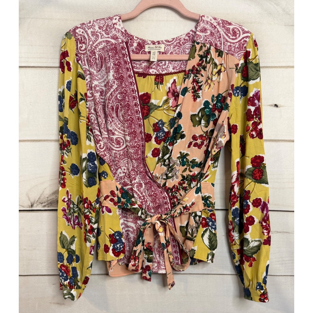 Meadow Rue Anthropologie Printed Floral Paisley Wrap Top Yellow Burgundy US 8